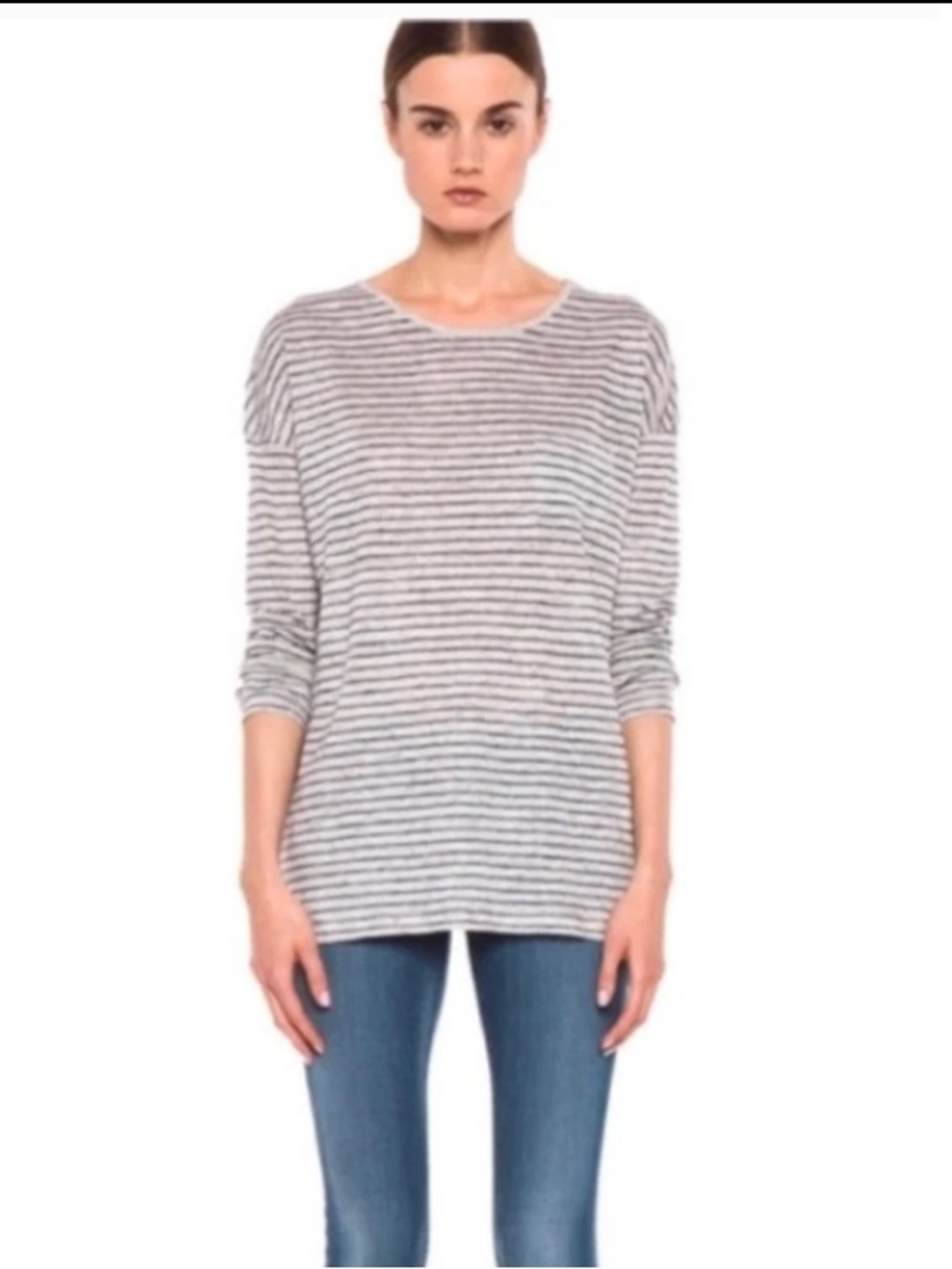 Vince 100% Linen Gray Blue Stripe Long Sleeve Pocket Tee Large